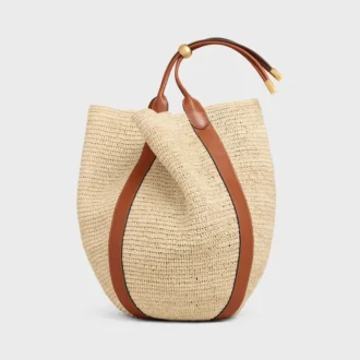 Borsa a secchiello grande in rafia e pelle di vitello
