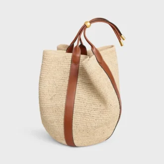 Borsa a secchiello grande in rafia e pelle di vitello