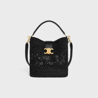 Borsa a secchiello Louise media in rafia e pelle di vitello