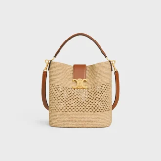 Borsa a secchiello Louise media in rafia e pelle di vitello