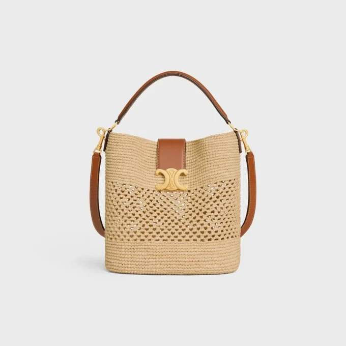 Borsa a secchiello Louise media in rafia e pelle di vitello Borsa a secchiello Louise media in rafia e pelle di vitello