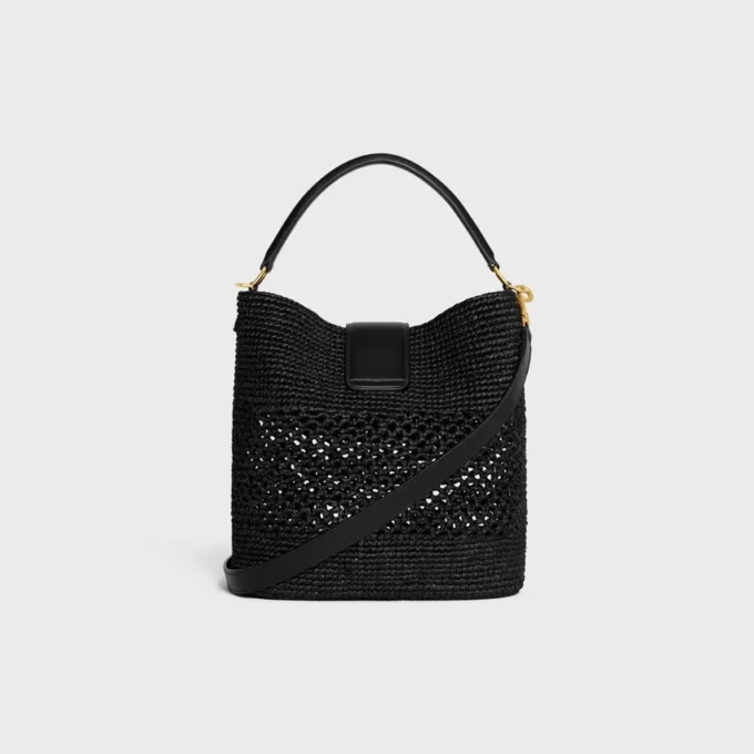 Borsa a secchiello Louise media in rafia e pelle di vitello Borsa a secchiello Louise media in rafia e pelle di vitello