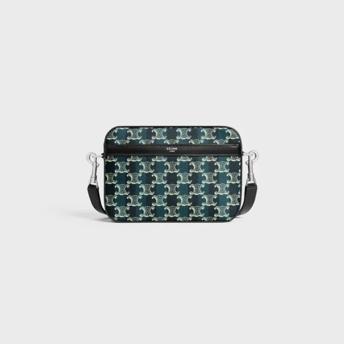 Borsa a tracolla piccola in Triomphe Canvas a righe e pelle di vitello