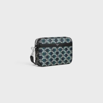 Borsa a tracolla piccola in Triomphe Canvas a righe e pelle di vitello