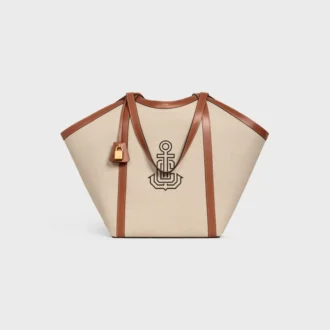 Borsa Cabas grande in tessuto con ricamo a forma di ancora e pelle di vitello Borsa Cabas grande in tessuto con ricamo a forma di ancora e pelle di vitello