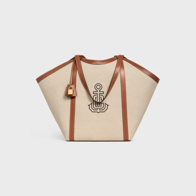 Borsa Cabas grande in tessuto con ricamo a forma di ancora e pelle di vitello Borsa Cabas grande in tessuto con ricamo a forma di ancora e pelle di vitello