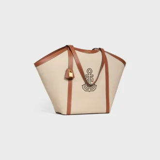 Borsa Cabas grande in tessuto con ricamo a forma di ancora e pelle di vitello Borsa Cabas grande in tessuto con ricamo a forma di ancora e pelle di vitello