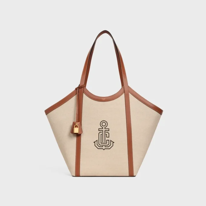 Borsa Cabas grande in tessuto con ricamo a forma di ancora e pelle di vitello Borsa Cabas grande in tessuto con ricamo a forma di ancora e pelle di vitello