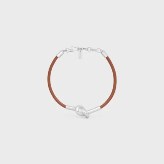 Bracciale a nodo in pelle di vitello e ottone con finitura in rodio