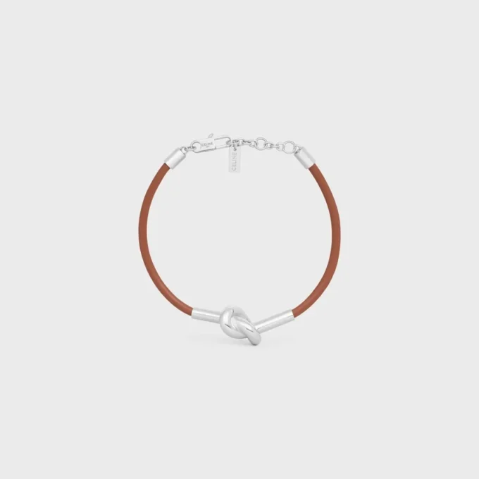 Bracciale a nodo in pelle di vitello e ottone con finitura in rodio Bracciale a nodo in pelle di vitello e ottone con finitura in rodio