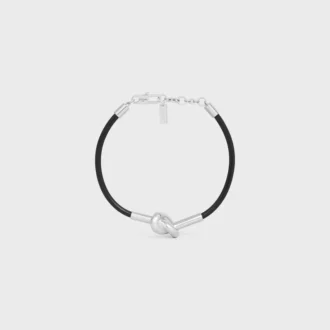 Bracciale a nodo in pelle di vitello e ottone con finitura in rodio