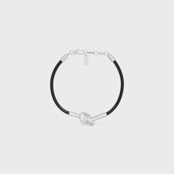 Bracciale a nodo in pelle di vitello e ottone con finitura in rodio Bracciale a nodo in pelle di vitello e ottone con finitura in rodio