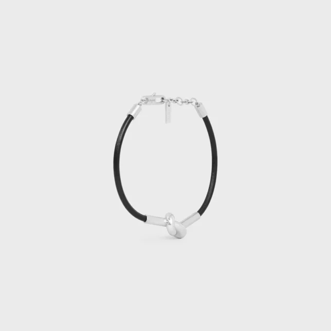 Bracciale a nodo in pelle di vitello e ottone con finitura in rodio Bracciale a nodo in pelle di vitello e ottone con finitura in rodio