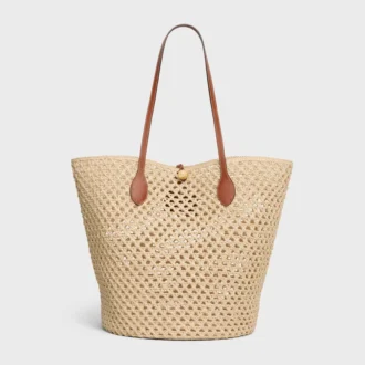 Bucket Triomphe Beads Basket in rafia e pelle di vitello