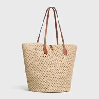 Bucket Triomphe Beads Basket in rafia e pelle di vitello