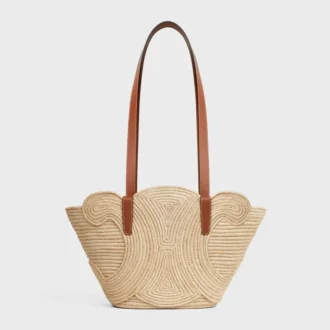 CELINE Classic Panier Small Braided Triomphe in rafia e pelle di vitello