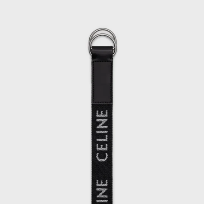 Cintura larga 30 mm con doppio anello in tessuto jacquard e pelle di vitello Cintura larga 30 mm con doppio anello in tessuto jacquard e pelle di vitello