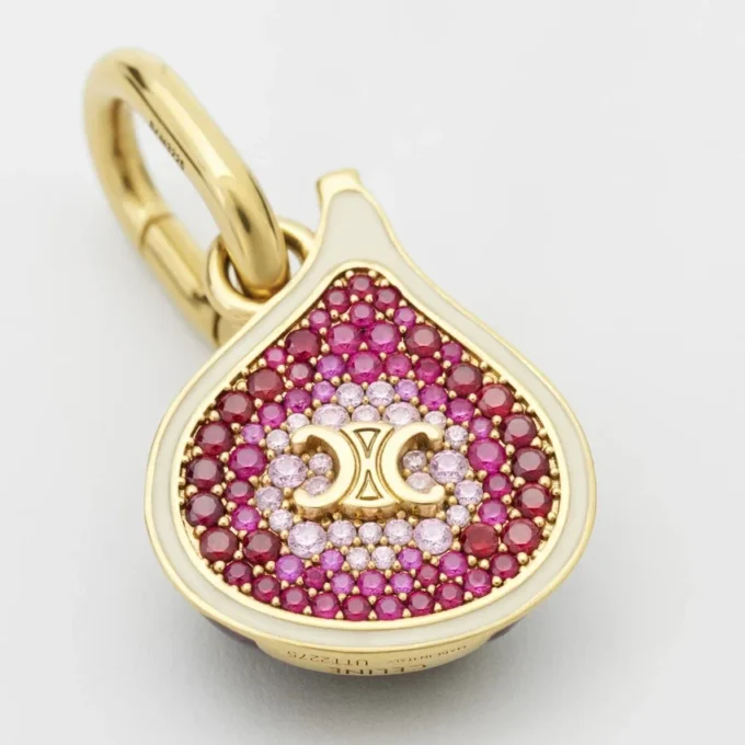 Ciondolo a forma di fico in ottone con finitura dorata, smalto e strass Ciondolo a forma di fico in ottone con finitura dorata, smalto e strass