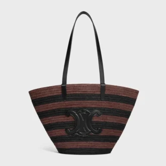 Couffin CELINE Classic Panier in rafia a righe e pelle di vitello