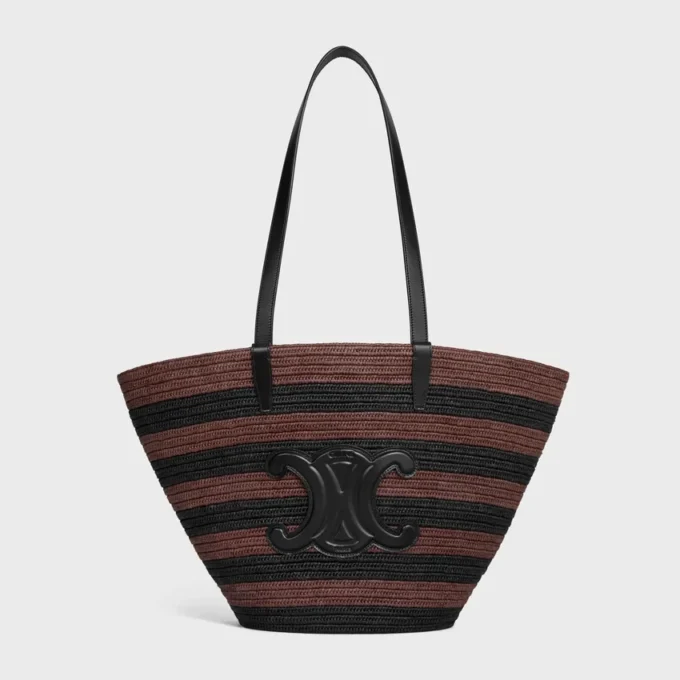 Couffin CELINE Classic Panier in rafia a righe e pelle di vitello