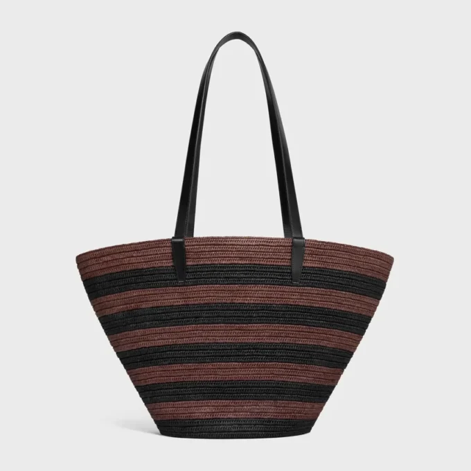 Couffin CELINE Classic Panier in rafia a righe e pelle di vitello