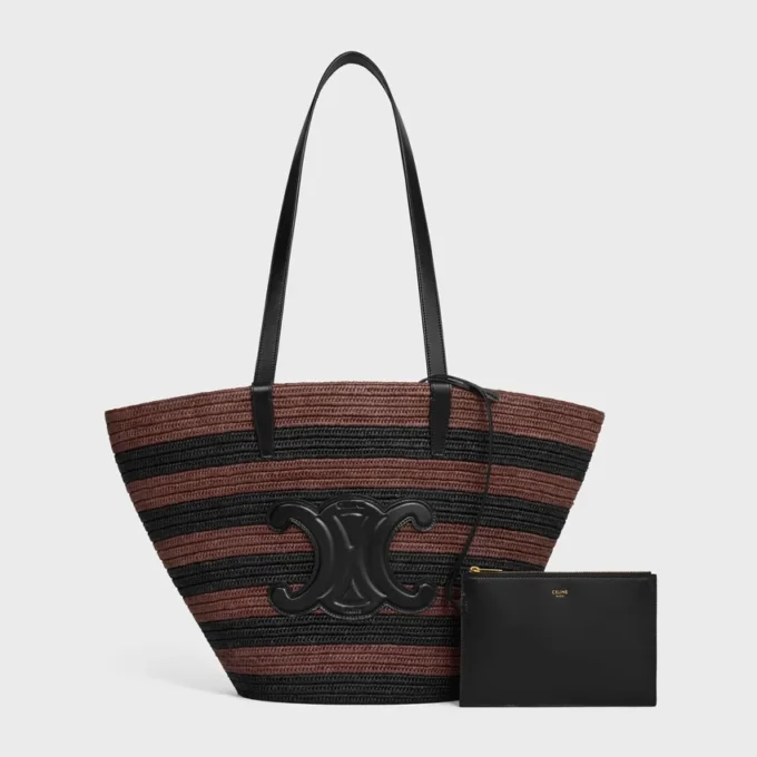 Couffin CELINE Classic Panier in rafia a righe e pelle di vitello