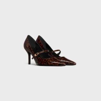 Décolleté con cinturini CELINE Judy in pelle di vitello verniciata con stampa leopardata