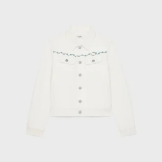 Giacca da camionista ricamata in denim bianco raw wash