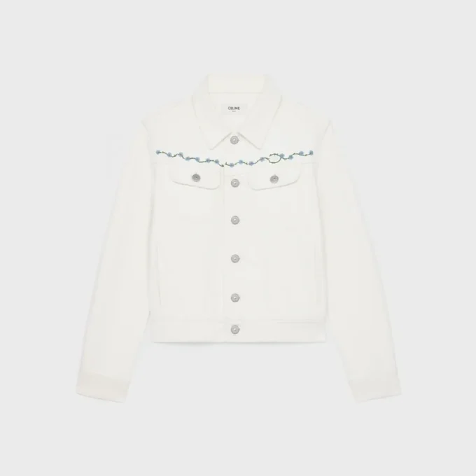 Giacca da camionista ricamata in denim bianco raw wash