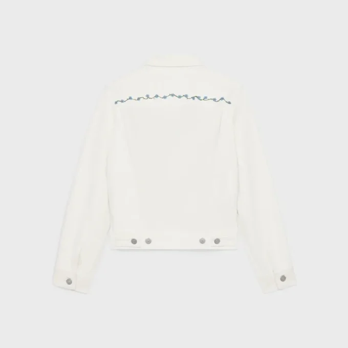 Giacca da camionista ricamata in denim bianco raw wash