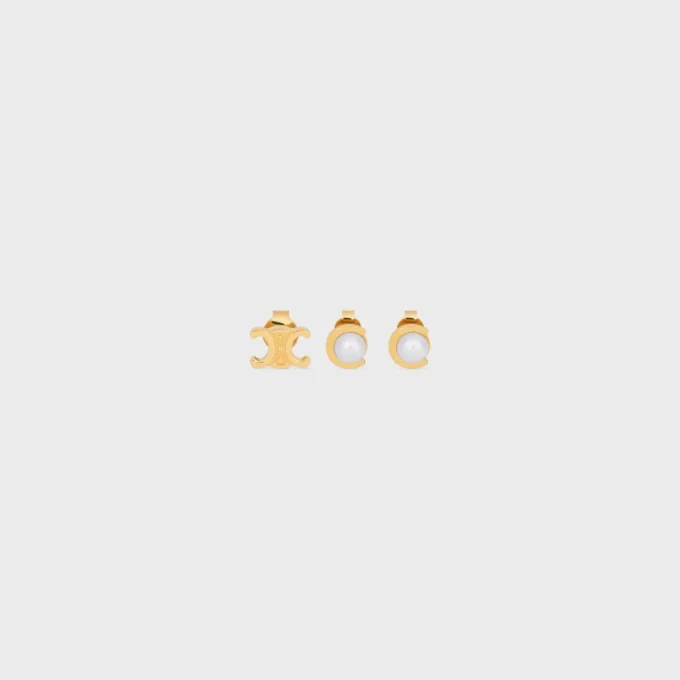 Les Perles CELINE Set di 3 orecchini a bottone in perle di resina e ottone con finitura dorata Les Perles CELINE Set di 3 orecchini a bottone in perle di resina e ottone con finitura dorata