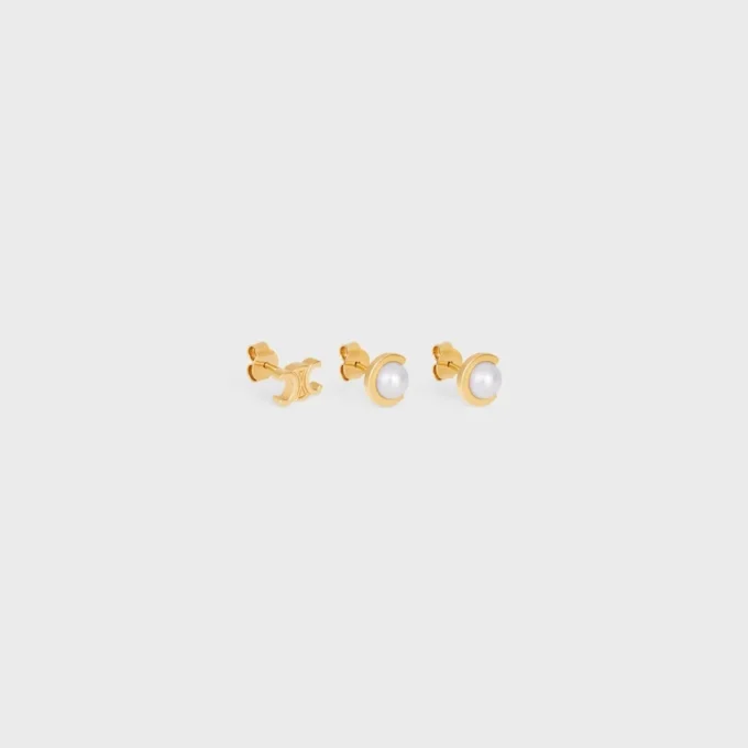 Les Perles CELINE Set di 3 orecchini a bottone in perle di resina e ottone con finitura dorata Les Perles CELINE Set di 3 orecchini a bottone in perle di resina e ottone con finitura dorata