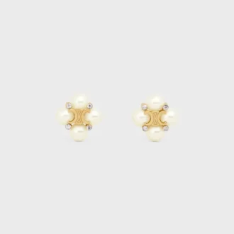 Orecchini a bottone CELINE in strass, perle in resina e ottone con finitura dorata