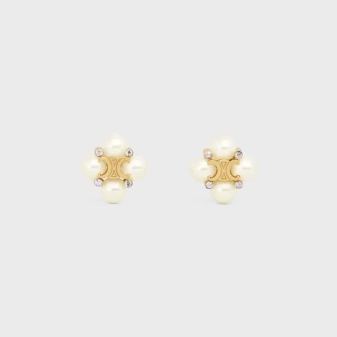 Orecchini a bottone CELINE in strass, perle in resina e ottone con finitura dorata Orecchini a bottone CELINE in strass, perle in resina e ottone con finitura dorata