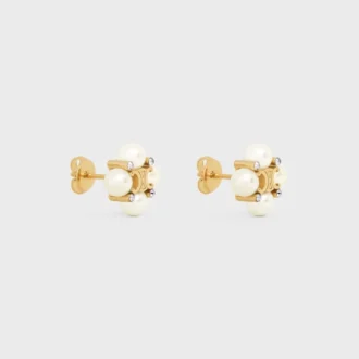 Orecchini a bottone CELINE in strass, perle in resina e ottone con finitura dorata
