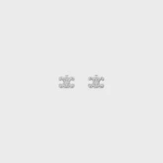 Orecchini a bottone Triomphe in strass e ottone con finitura in rodio