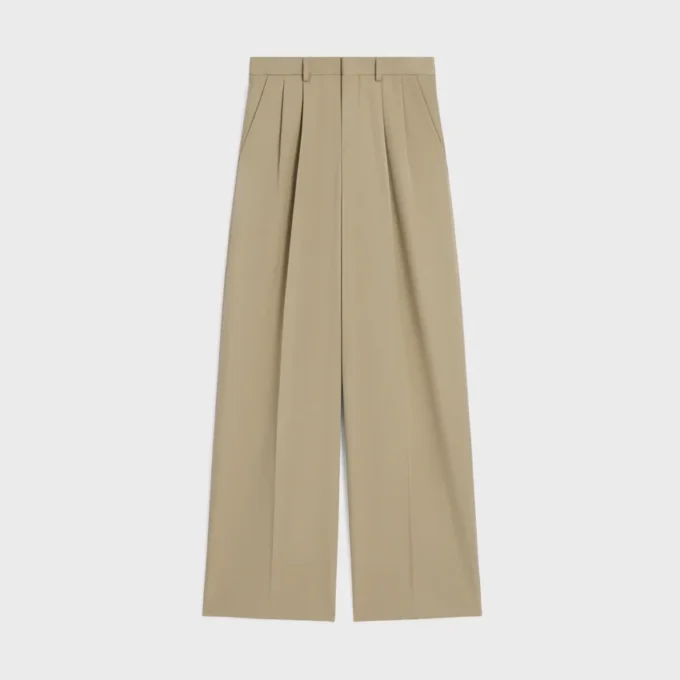 Pantaloni a pieghe in gabardine di cotone e lana