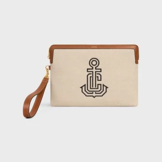 Piccola pochette con tracolla in tessuto con ricamo a forma di ancora e pelle di vitello
