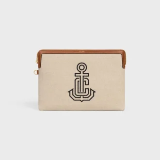 Piccola pochette con tracolla in tessuto con ricamo a forma di ancora e pelle di vitello